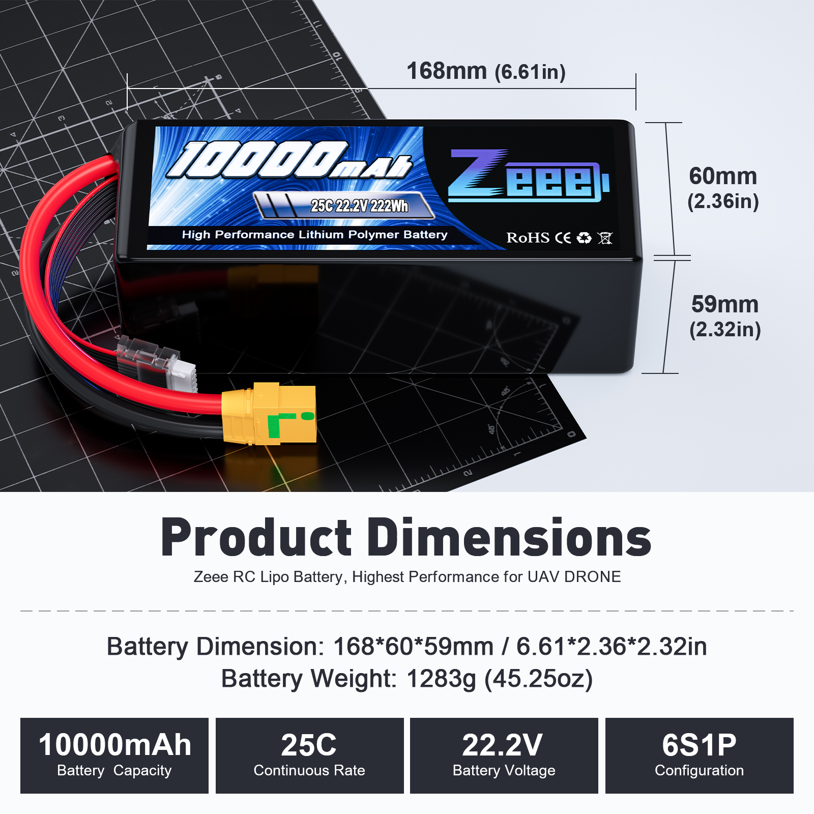 Zeee high capacity FPV 6S lipo battery 10000mAh 25C 22.2V FPV/UAV/drone battery for multi-axis drone