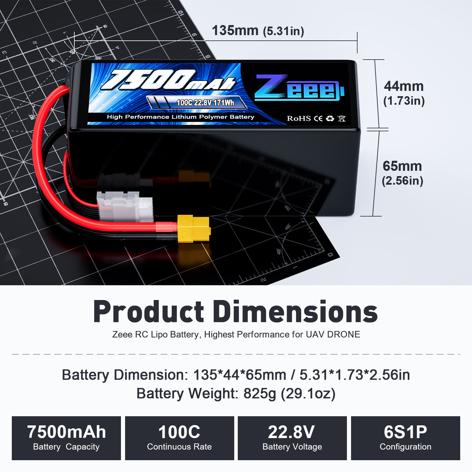 Zeee HV 6S 22.8V 7500mah Battery with XT60 Soft Case for UAV Drone Lithium Battery Pack