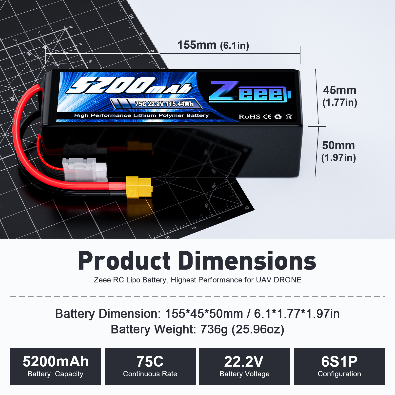 Zeee FPV drone 6S lipo battery 5200mAh 75C 22.2V with XT60 Plug for FPV/UAV/drone battery