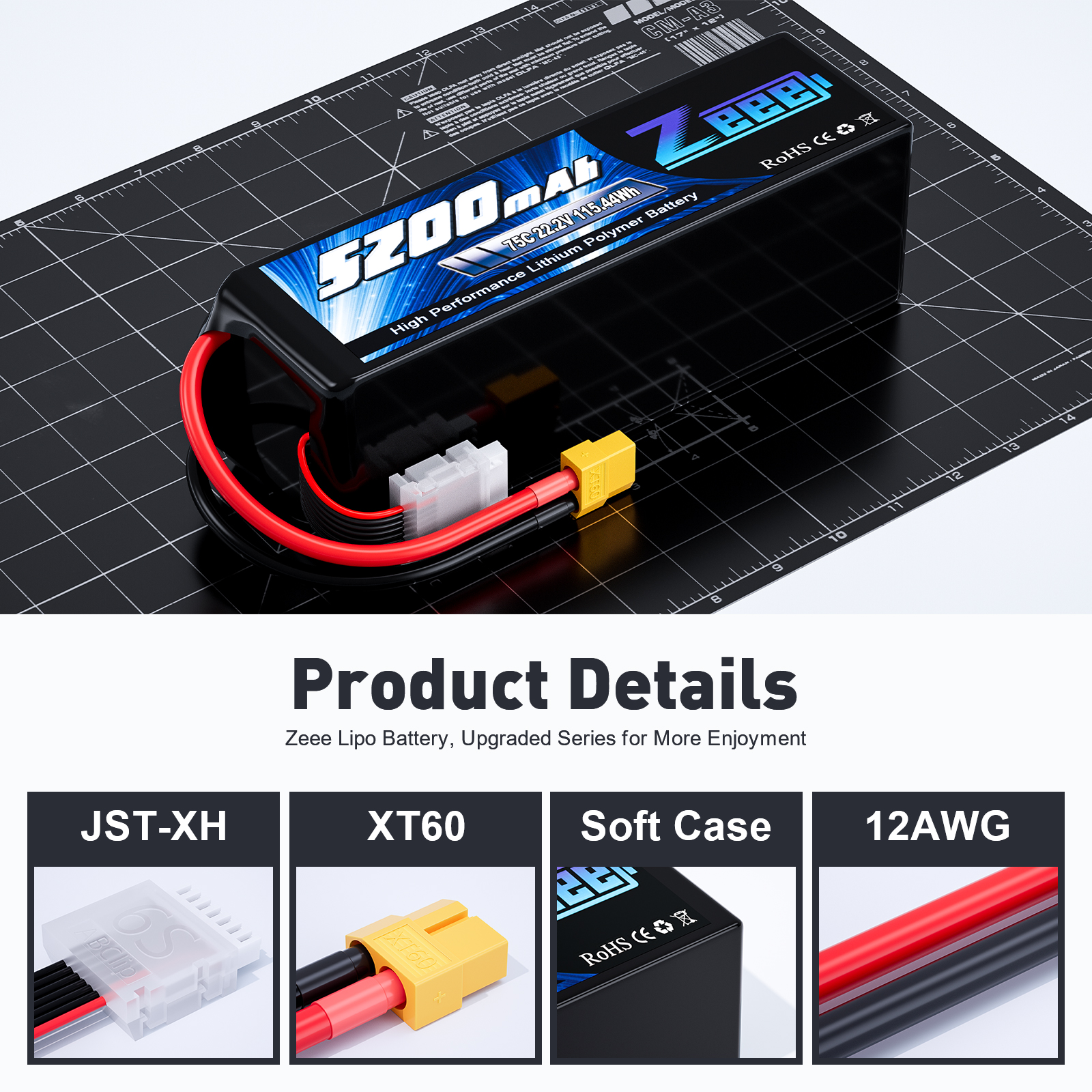 Zeee FPV drone 6S lipo battery 5200mAh 75C 22.2V with XT60 Plug for FPV/UAV/drone battery